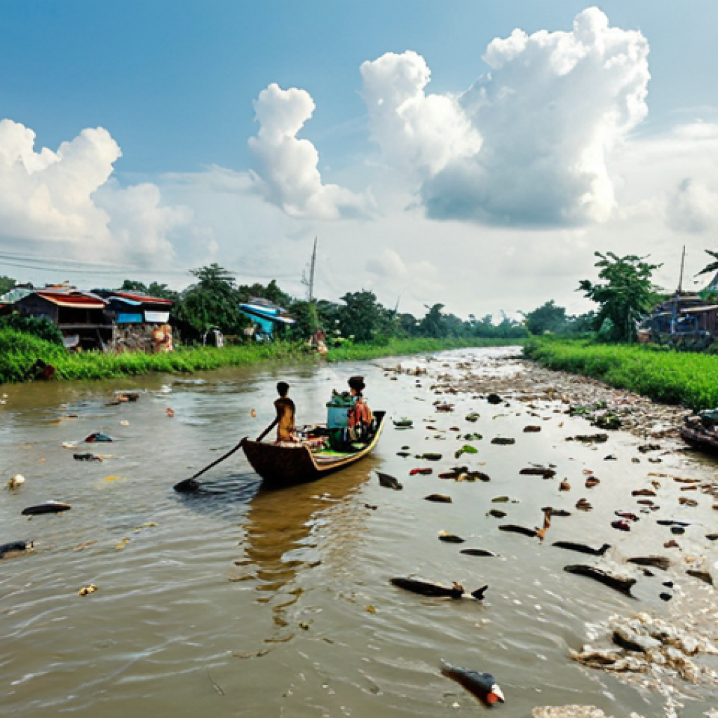 **Prompt 1: A stark contrast between a serene, vibrant Vietnamese river of the past and a heavily polluted one in the present.**
    *   **Image Description:** On one side, children happily playing and swimming in a crystal-clear Vietnamese river, with lush green banks, traditional wooden boats, and abundant fish jumping, under a bright, sunny sky. On the other side, the same river, now murky and dark, filled with floating trash and dead fish, flanked by grey, encroaching urban structures and emitting a visible foul odor under a somber sky, highlighting the impact of pollution and urbanization.
    *   **Keywords:** Vietnamese river, past vs. present, clear water, polluted water, children playing, dead fish, lush banks, urban sprawl, traditional boat, garbage, environmental degradation, vivid contrast, realism.