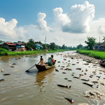 **Prompt 1: A stark contrast between a serene, vibrant Vietnamese river of the past and a heavily polluted one in the present.**
    *   **Image Description:** On one side, children happily playing and swimming in a crystal-clear Vietnamese river, with lush green banks, traditional wooden boats, and abundant fish jumping, under a bright, sunny sky. On the other side, the same river, now murky and dark, filled with floating trash and dead fish, flanked by grey, encroaching urban structures and emitting a visible foul odor under a somber sky, highlighting the impact of pollution and urbanization.
    *   **Keywords:** Vietnamese river, past vs. present, clear water, polluted water, children playing, dead fish, lush banks, urban sprawl, traditional boat, garbage, environmental degradation, vivid contrast, realism.