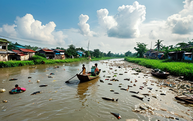 **Prompt 1: A stark contrast between a serene, vibrant Vietnamese river of the past and a heavily polluted one in the present.**
    *   **Image Description:** On one side, children happily playing and swimming in a crystal-clear Vietnamese river, with lush green banks, traditional wooden boats, and abundant fish jumping, under a bright, sunny sky. On the other side, the same river, now murky and dark, filled with floating trash and dead fish, flanked by grey, encroaching urban structures and emitting a visible foul odor under a somber sky, highlighting the impact of pollution and urbanization.
    *   **Keywords:** Vietnamese river, past vs. present, clear water, polluted water, children playing, dead fish, lush banks, urban sprawl, traditional boat, garbage, environmental degradation, vivid contrast, realism.