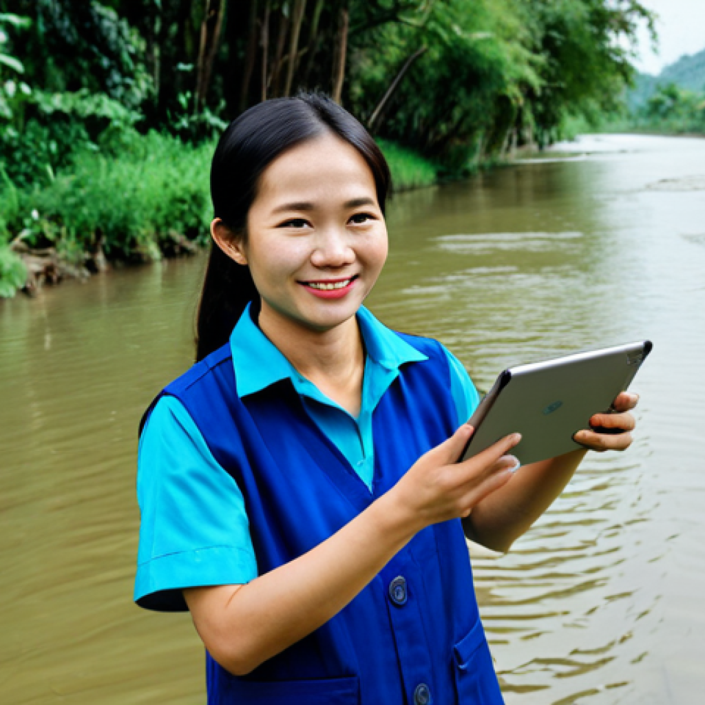 A professional Vietnamese environmental engineer, fully clothed in a modest business uniform, stands confidently by the revitalized Thị Vải River in Đồng Nai. She holds a tablet displaying real-time water quality data from IoT sensors, a subtle smile of satisfaction on her face. The river water is notably clear, reflecting the blue sky, with visible small fish near the surface, indicative of ecological recovery. Lush green trees and vegetation line the clean riverbanks. The scene captures the success of combining modern technology and dedicated efforts in environmental restoration. Professional photography, high quality, perfect anatomy, correct proportions, well-formed hands, proper finger count, natural body proportions, natural pose, safe for work, appropriate content, family-friendly.
