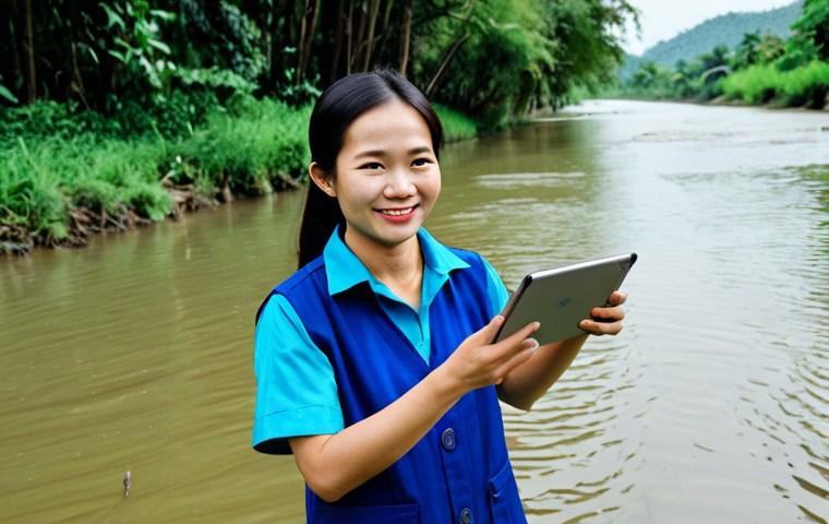 A professional Vietnamese environmental engineer, fully clothed in a modest business uniform, stands confidently by the revitalized Thị Vải River in Đồng Nai. She holds a tablet displaying real-time water quality data from IoT sensors, a subtle smile of satisfaction on her face. The river water is notably clear, reflecting the blue sky, with visible small fish near the surface, indicative of ecological recovery. Lush green trees and vegetation line the clean riverbanks. The scene captures the success of combining modern technology and dedicated efforts in environmental restoration. Professional photography, high quality, perfect anatomy, correct proportions, well-formed hands, proper finger count, natural body proportions, natural pose, safe for work, appropriate content, family-friendly.
