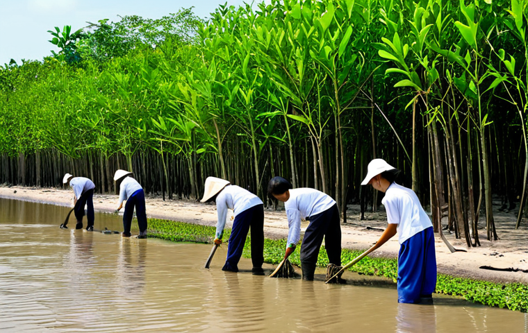 Mangrove Restoration**

"A group of Vietnamese volunteers planting mangrove seedlings along a muddy coastline in the Mekong Delta. Fully clothed, appropriate attire, safe for work. In the background, a vibrant green mangrove forest. Sunny day, blue sky. Focus on the community spirit and environmental awareness. Perfect anatomy, correct proportions, natural pose, well-formed hands, proper finger count, natural body proportions, professional, modest, family-friendly, high quality."

**