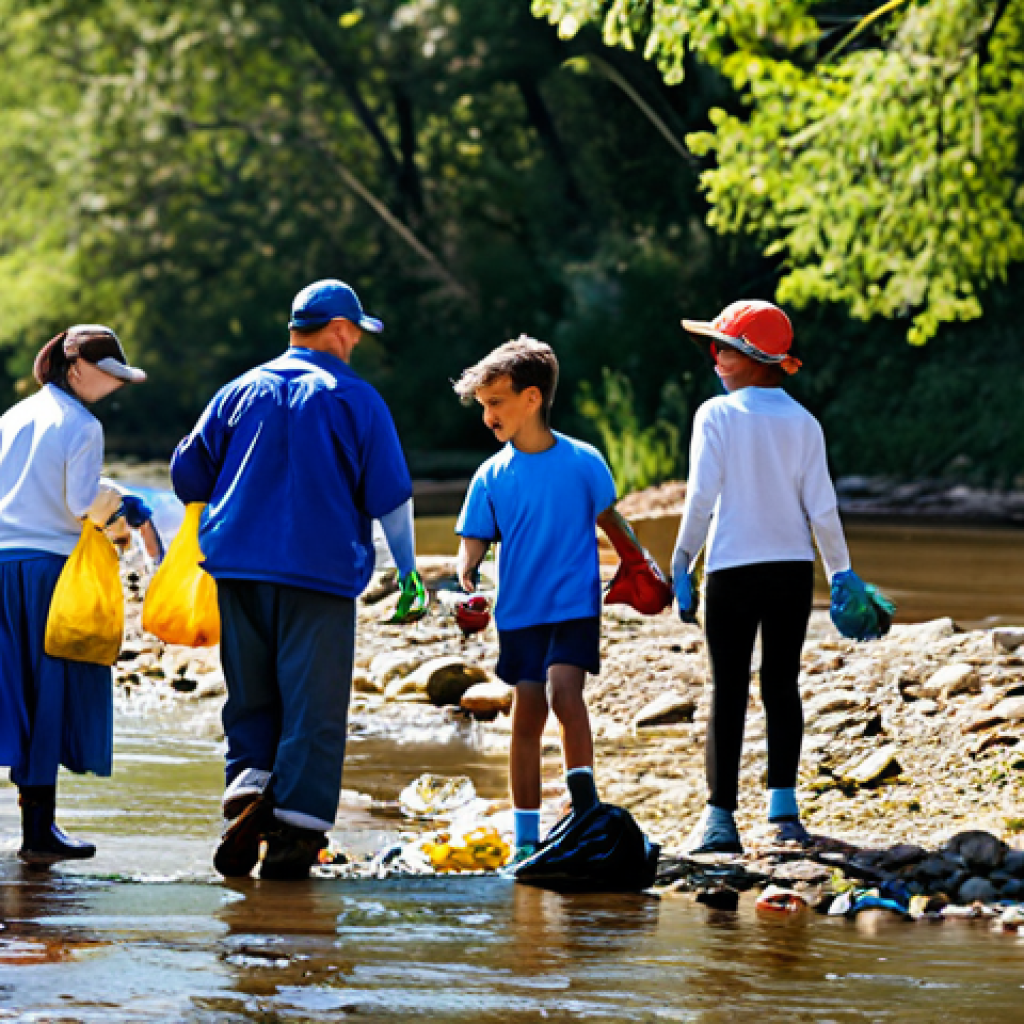 Family-Friendly River Cleanup**

"A diverse group of people, including children and adults, participate in a river cleanup, collecting trash along the riverbank, fully clothed in appropriate attire, focusing on teamwork and environmental awareness, bright sunny day, safe for work, appropriate content, family-friendly, perfect anatomy, natural proportions, high-resolution photography."

**
