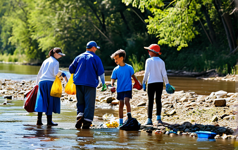 Family-Friendly River Cleanup**

"A diverse group of people, including children and adults, participate in a river cleanup, collecting trash along the riverbank, fully clothed in appropriate attire, focusing on teamwork and environmental awareness, bright sunny day, safe for work, appropriate content, family-friendly, perfect anatomy, natural proportions, high-resolution photography."

**