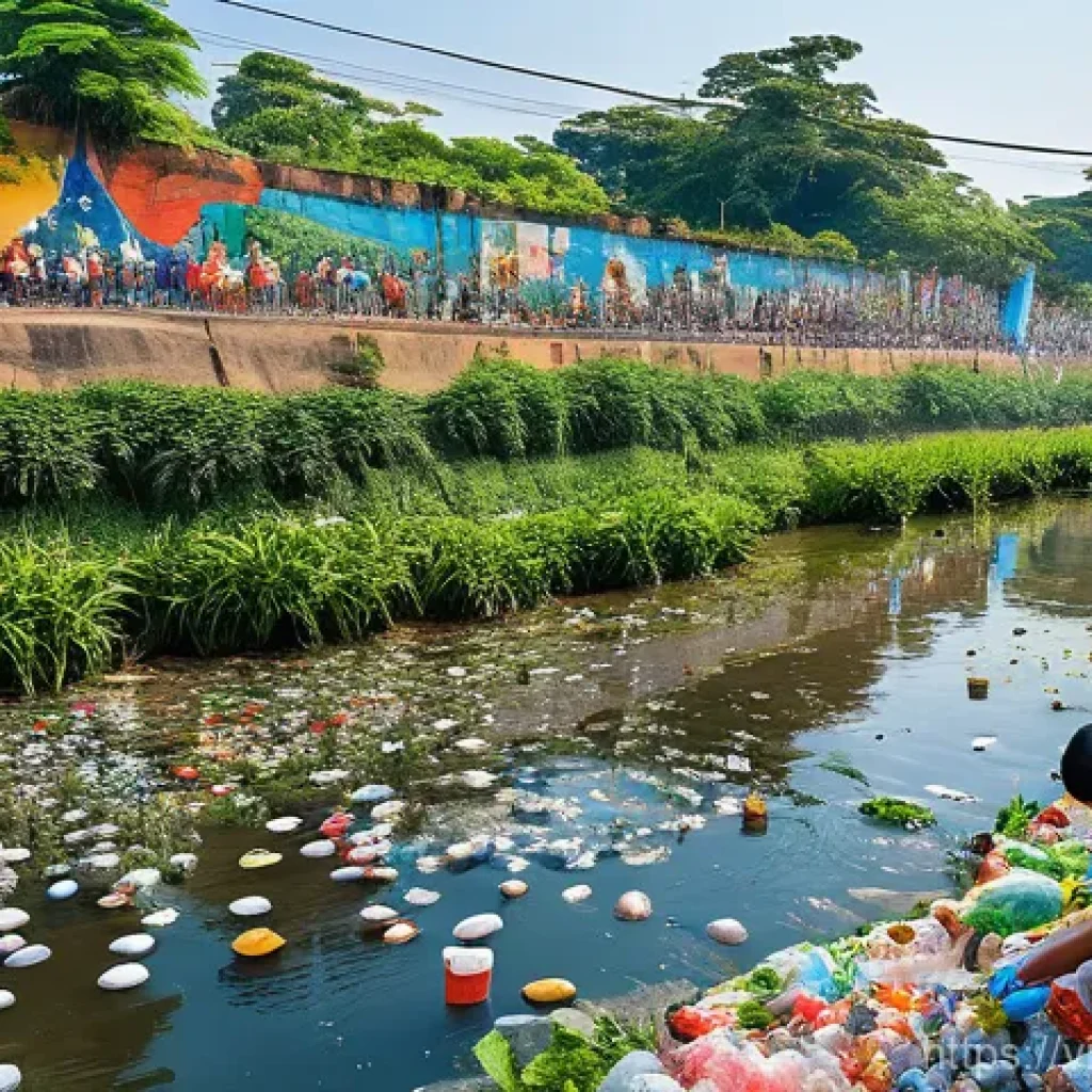 하천 생태계 복원 프로젝트의 운영과 관리 - A vibrant community festival dedicated to river restoration in a Vietnamese setting. Many diverse Vi...