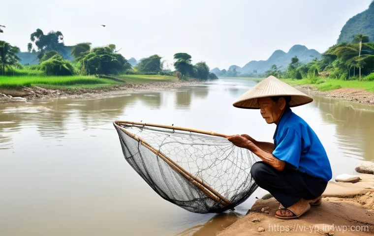 하천 생태계 복원 프로젝트의 운영과 관리 - A tranquil, healthy river in a Vietnamese landscape, possibly a restored urban canal or a serene rur...
