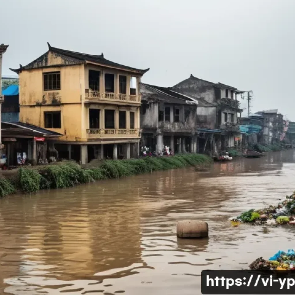 하천 생태계 복원 참여를 위한 자원봉사 플랫폼 - A deeply polluted river in an urban Vietnamese setting. The river water is murky brown, filled with ...