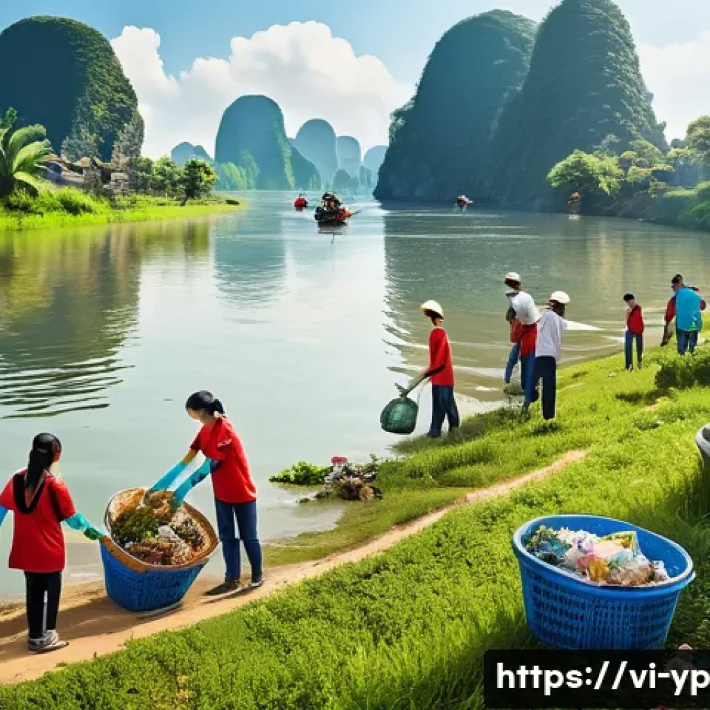 하천 생태계 복원 참여를 위한 캠페인 전략 - A vibrant riverside community cleanup event in Vietnam, showing diverse local volunteers of all ages...