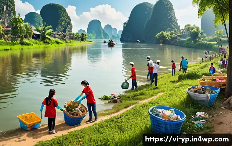 하천 생태계 복원 참여를 위한 캠페인 전략 - A vibrant riverside community cleanup event in Vietnam, showing diverse local volunteers of all ages...