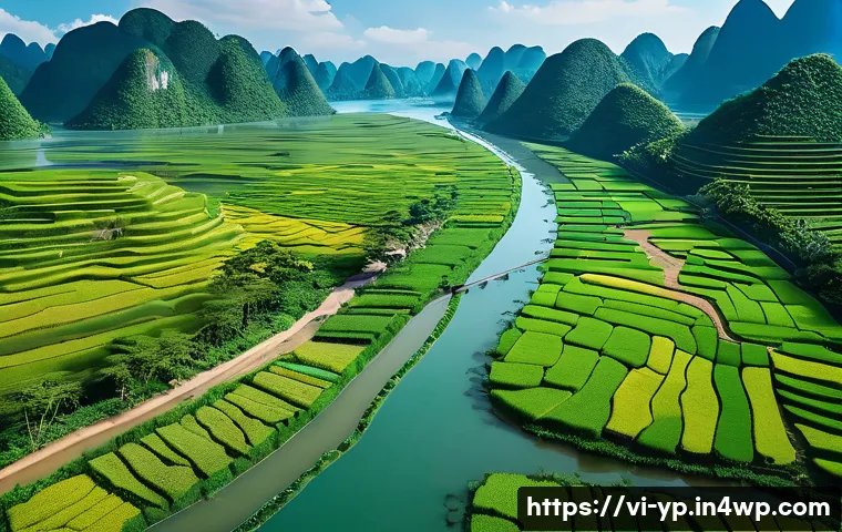 하천 생태계 복원 관련 법규 이해하기 - A detailed aerial view of a lush Vietnamese river ecosystem showcasing a healthy riparian zone with ...