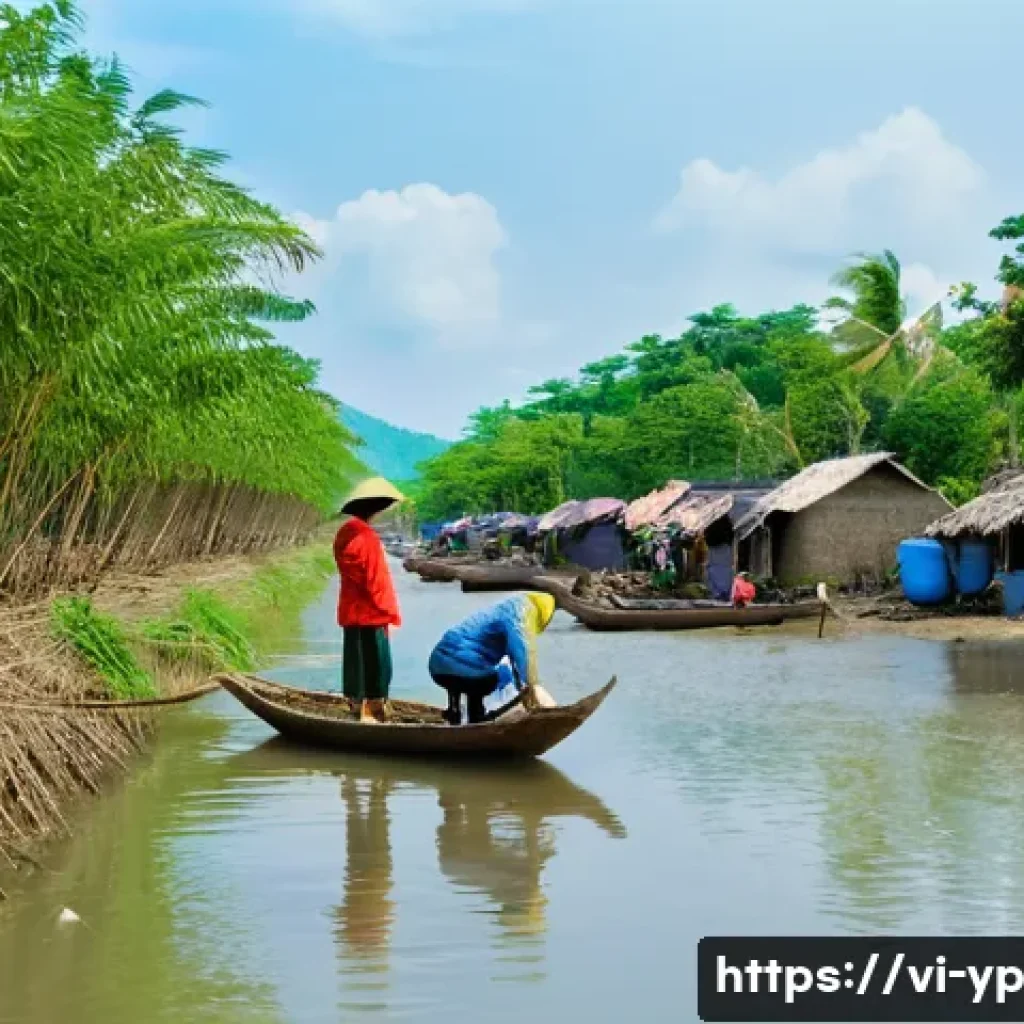 하천 생태계 복원에 대한 지역 사회의 반응 - A vibrant riverside scene in a Vietnamese village showing local residents actively participating in ...
