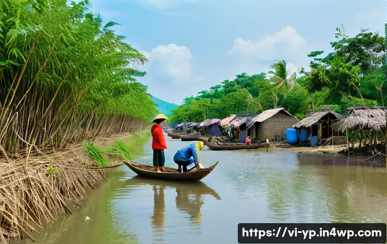 하천 생태계 복원에 대한 지역 사회의 반응 - A vibrant riverside scene in a Vietnamese village showing local residents actively participating in ...
