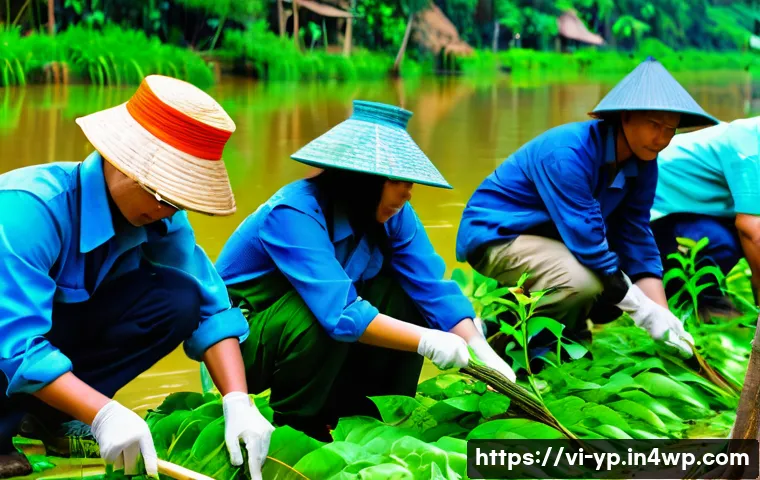 하천 생태계 복원 참여자를 위한 멘토링 기회 - A detailed scene of environmental experts mentoring a diverse group of Vietnamese community members ...