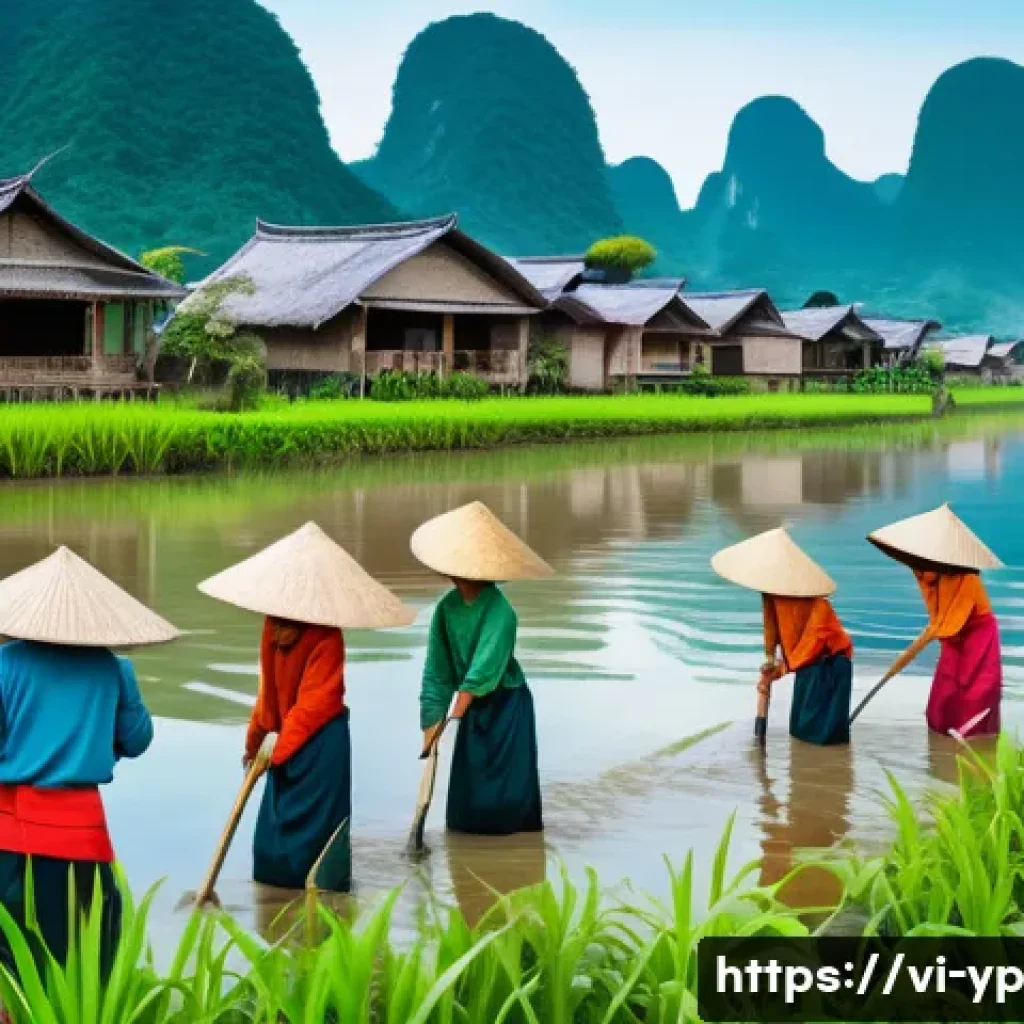 하천 복원 참여를 위한 기부 방법 - A vibrant riverside restoration scene in rural Vietnam, featuring a diverse group of volunteers plan...