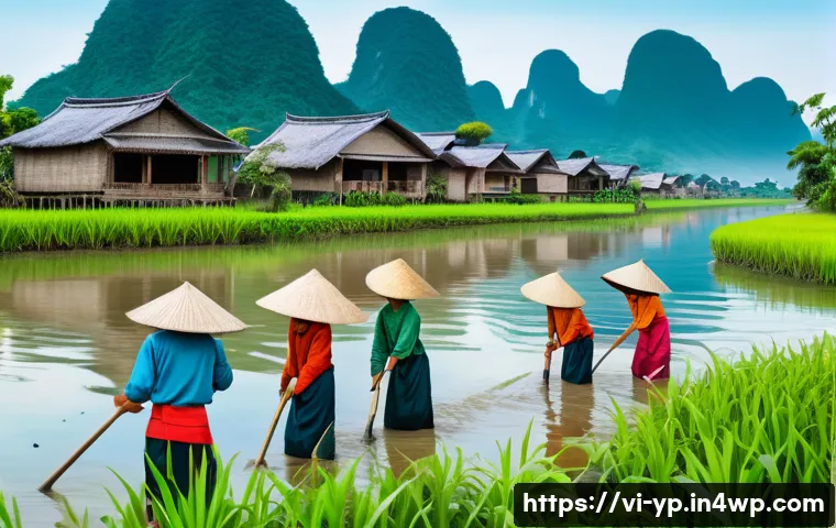 하천 복원 참여를 위한 기부 방법 - A vibrant riverside restoration scene in rural Vietnam, featuring a diverse group of volunteers plan...