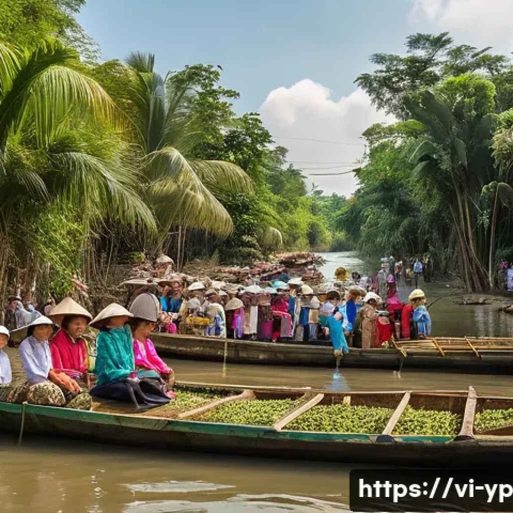 하천 생태계 복원 프로젝트에서의 지속 가능한 자금 조달 - A vibrant community fundraising event in the Mekong Delta region of Vietnam, showing local Vietnames...