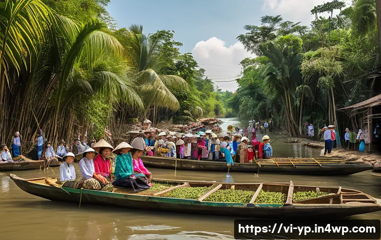 하천 생태계 복원 프로젝트에서의 지속 가능한 자금 조달 - A vibrant community fundraising event in the Mekong Delta region of Vietnam, showing local Vietnames...