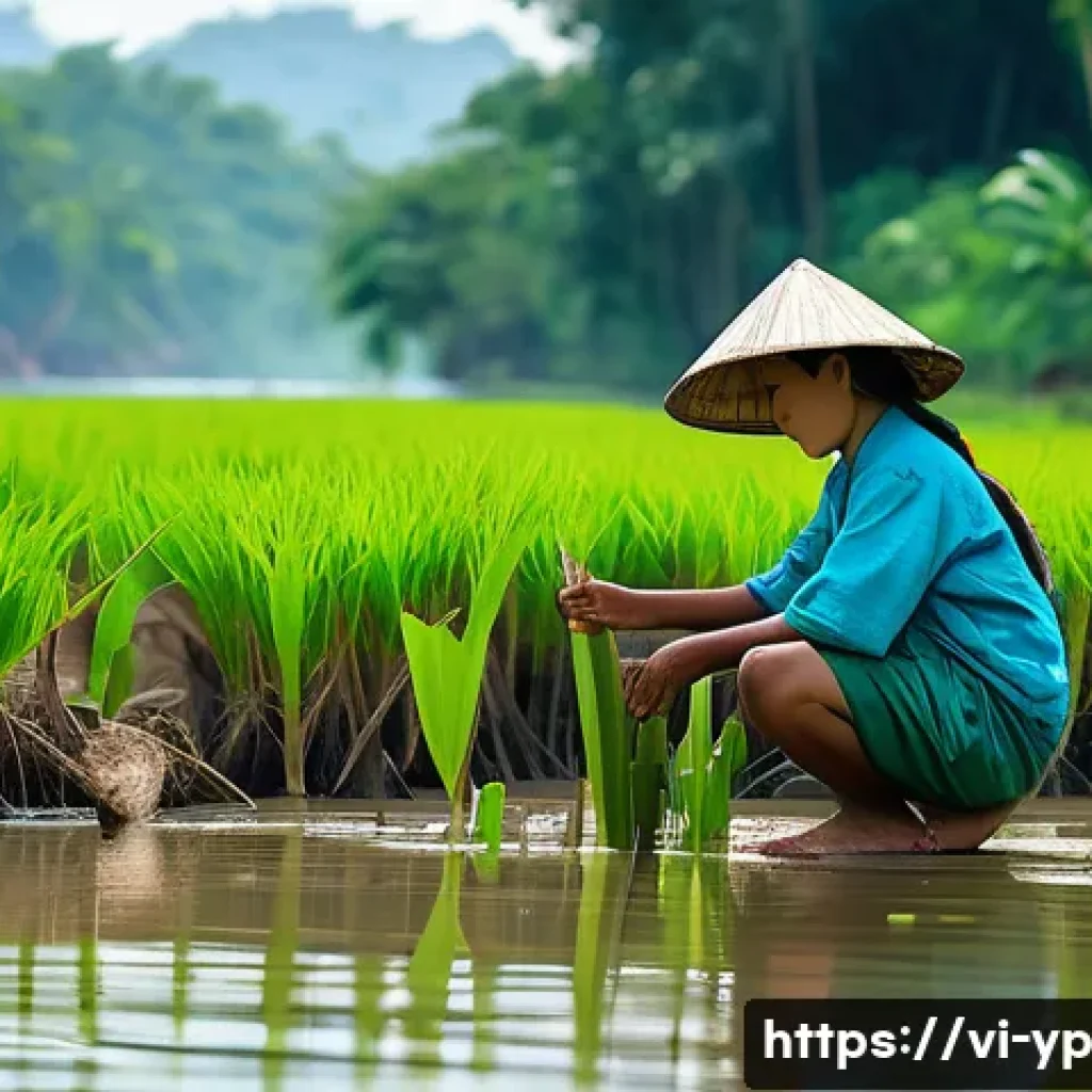 하천 복원 관련 NGO 및 단체 소개 - A vibrant riverside scene in a Vietnamese rural community showing local people, including children w...