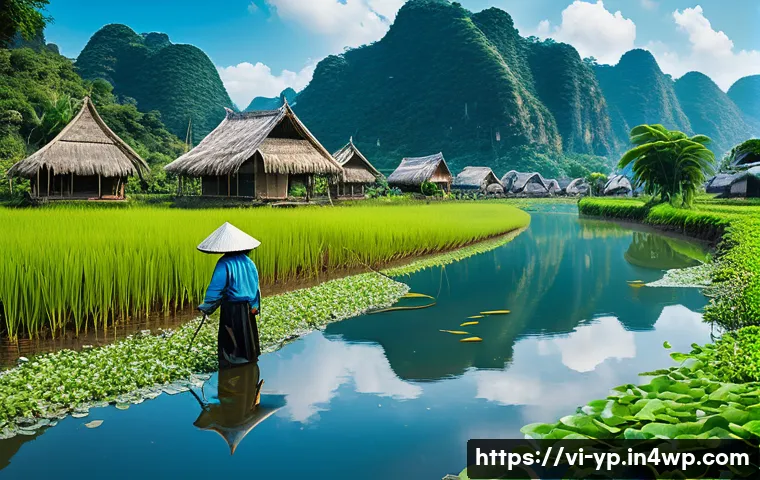 하천 생태계 복원 사업의 계획서 작성법 - A vibrant river ecosystem scene in rural Vietnam, showcasing a clear flowing river lined with lush n...