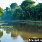 하천 생태계 복원과 시민 과학의 역할 - A serene Vietnamese river ecosystem scene during early morning light, featuring clear flowing water ...
