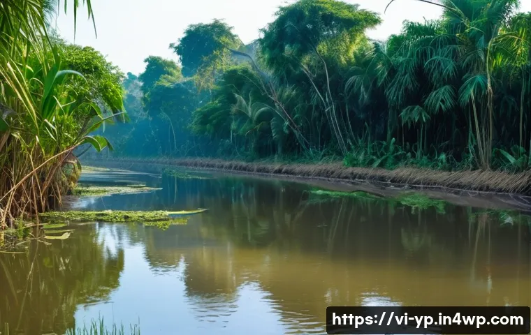 하천 생태계 복원과 시민 과학의 역할 - A serene Vietnamese river ecosystem scene during early morning light, featuring clear flowing water ...