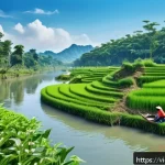 하천 복원 참여를 위한 기술 교육 세미나 - A vibrant Vietnamese riverside ecosystem restoration scene during daytime, featuring local community...