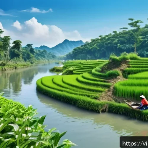 하천 복원 참여를 위한 기술 교육 세미나 - A vibrant Vietnamese riverside ecosystem restoration scene during daytime, featuring local community...