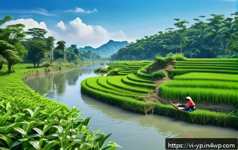 하천 복원 참여를 위한 기술 교육 세미나 - A vibrant Vietnamese riverside ecosystem restoration scene during daytime, featuring local community...
