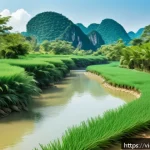 하천 생태계 복원 프로젝트의 전략적 기획 - A serene Vietnamese small river restoration scene in central Vietnam, showcasing a natural riverbank...