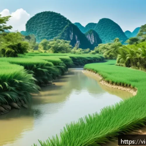 하천 생태계 복원 프로젝트의 전략적 기획 - A serene Vietnamese small river restoration scene in central Vietnam, showcasing a natural riverbank...