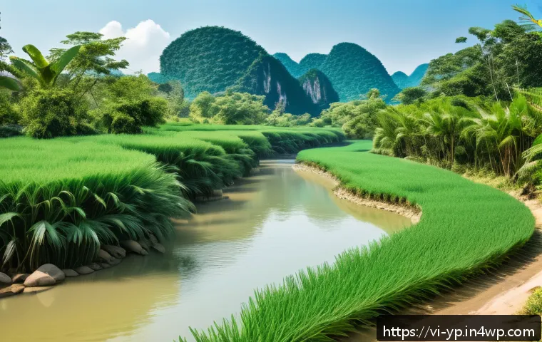 하천 생태계 복원 프로젝트의 전략적 기획 - A serene Vietnamese small river restoration scene in central Vietnam, showcasing a natural riverbank...