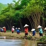 하천 생태계 복원 관련 법적 절차 안내 - A detailed scene of a Vietnamese riverside community actively participating in river ecosystem resto...