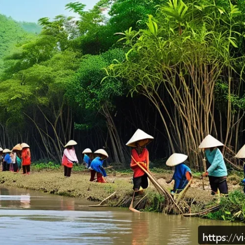 하천 생태계 복원 관련 법적 절차 안내 - A detailed scene of a Vietnamese riverside community actively participating in river ecosystem resto...