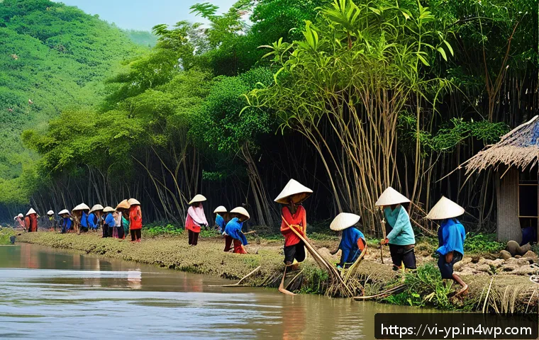 하천 생태계 복원 관련 법적 절차 안내 - A detailed scene of a Vietnamese riverside community actively participating in river ecosystem resto...