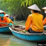 하천 생태계 복원 참여를 위한 자원봉사 리더십 - A vibrant scene of a diverse group of Vietnamese volunteers wearing casual clothes and light protect...