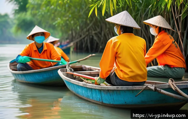 하천 생태계 복원 참여를 위한 자원봉사 리더십 - A vibrant scene of a diverse group of Vietnamese volunteers wearing casual clothes and light protect...