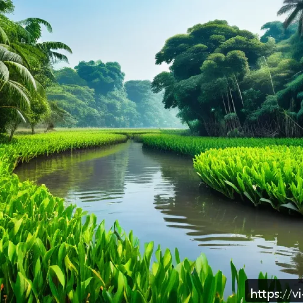 하천 생태계 복원 프로젝트의 목표와 비전 - A vibrant Vietnamese river ecosystem scene featuring diverse freshwater species such as colorful nat...