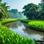 하천 생태계 복원 프로젝트의 목표와 비전 - A vibrant Vietnamese river ecosystem scene featuring diverse freshwater species such as colorful nat...