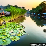 Home 18 하천 생태계 복원과 지역 경제 활성화 - Photorealistic sunrise along a restored urban river in Vietnam, clear flowing water bordered by nati...