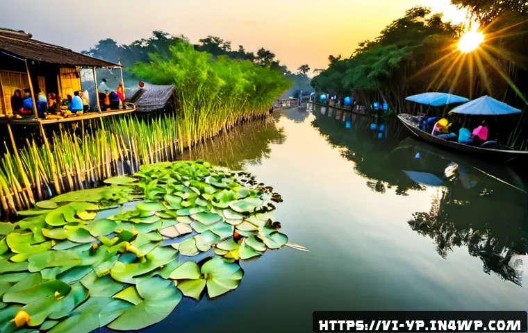 하천 생태계 복원과 지역 경제 활성화 - Photorealistic sunrise along a restored urban river in Vietnam, clear flowing water bordered by nati...