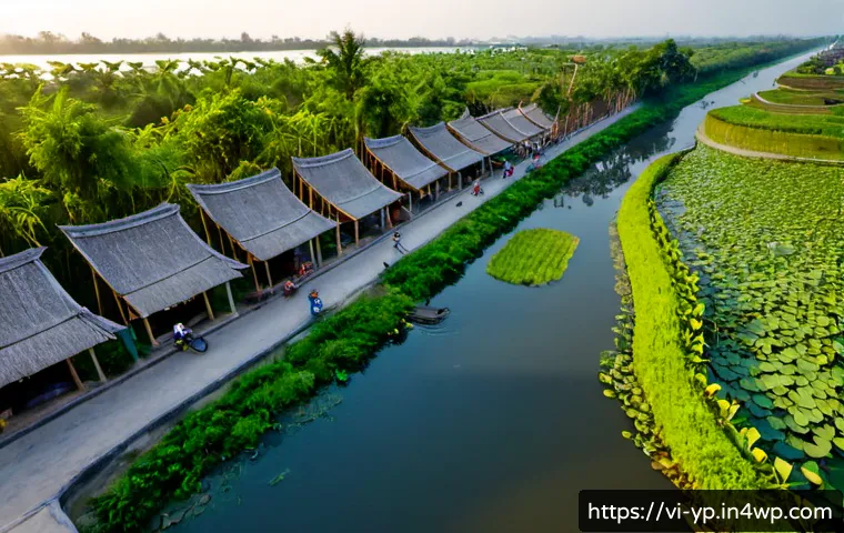 하천 생태계 복원과 물 관리 정책의 통합 - Photorealistic aerial view of a restored urban river corridor in Vietnam at sunrise, clear winding w...