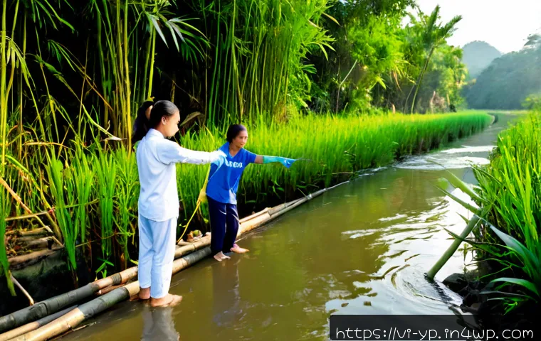 Home 17 하천 생태계 복원 참여를 위한 멘토링 프로그램 - Photorealistic riverside mentoring session in rural Vietnam, an experienced ecologist guiding a smal...