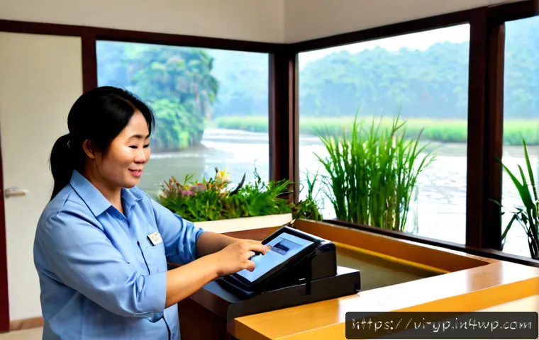 하천 생태계 복원 관련 세미나 참여 방법 - Photorealistic environmental seminar registration scene in Vietnam, a Vietnamese adult attendee usin...